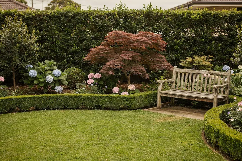 A well-kept garden with a mown lawn, clipped borders and a timber bench