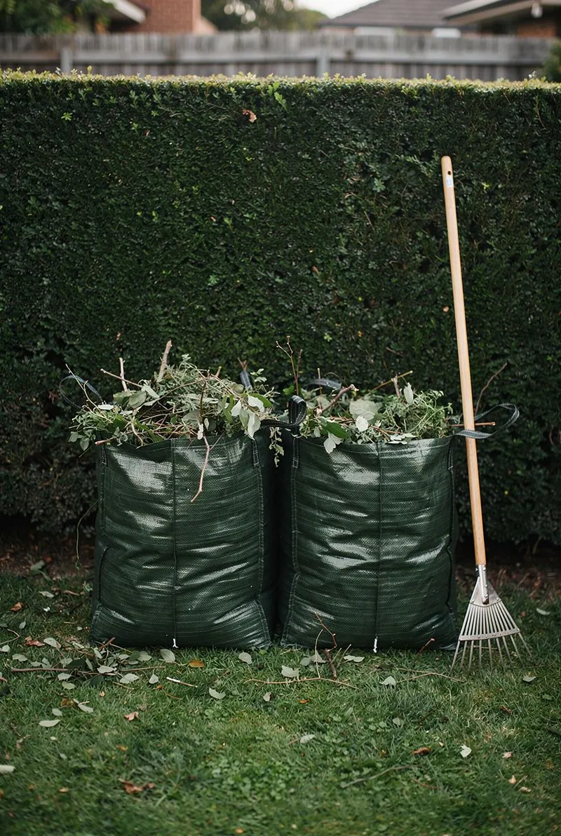Two garden bags full of hedge clippings beside a trimmed hedge, with a rake